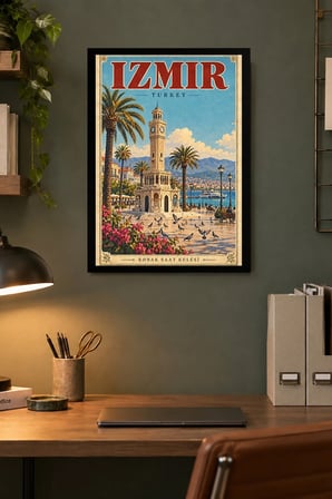 Palmiye ve Kuleli Kıyı İllüstrasyonu Desenli Dekoratif MDF Tablo, Çerçeve Görünümlü Ahşap Poster