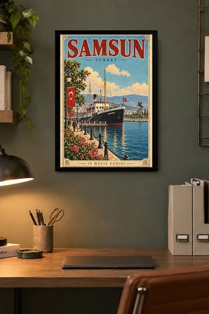Liman ve Gemi İllüstrasyonu Desenli Dekoratif MDF Tablo, Çerçeve Görünümlü Ahşap Poster