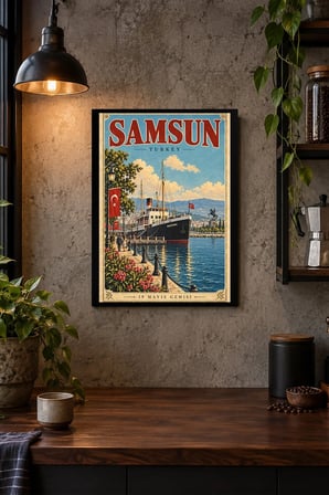 Liman ve Gemi İllüstrasyonu Desenli Dekoratif MDF Tablo, Çerçeve Görünümlü Ahşap Poster