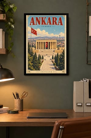 Anıt ve Bayraklı Şehir İllüstrasyonu Desenli Dekoratif MDF Tablo, Çerçeve Görünümlü Ahşap Poster