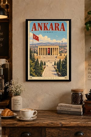 Anıt ve Bayraklı Şehir İllüstrasyonu Desenli Dekoratif MDF Tablo, Çerçeve Görünümlü Ahşap Poster