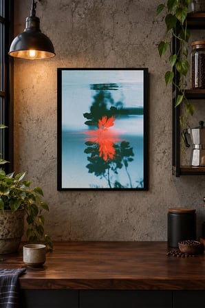 Suda Kırmızı Çiçek Yansıması Desenli Dekoratif MDF Tablo, Çerçeve Görünümlü Ahşap Poster