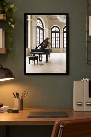 Piyanolu Salon Desenli Dekoratif MDF Tablo, Çerçeve Görünümlü Ahşap Poster