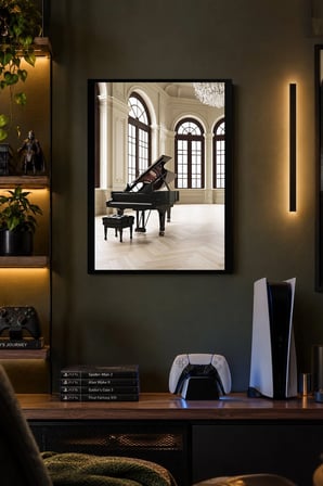 Piyanolu Salon Desenli Dekoratif MDF Tablo, Çerçeve Görünümlü Ahşap Poster