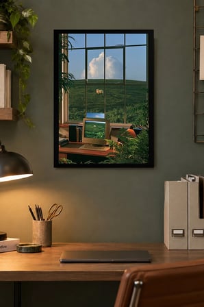 Pencereden Yeşil Manzara Desenli Dekoratif MDF Tablo, Çerçeve Görünümlü Ahşap Poster