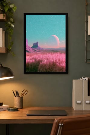 Pembe Mor Ay Manzarası Desenli Dekoratif MDF Tablo, Çerçeve Görünümlü Ahşap Poster