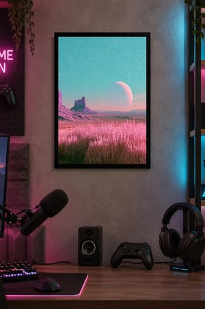 Pembe Mor Ay Manzarası Desenli Dekoratif MDF Tablo, Çerçeve Görünümlü Ahşap Poster
