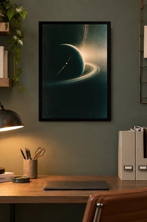 Halkalı Gezegen Desenli Dekoratif MDF Tablo, Çerçeve Görünümlü Ahşap Poster