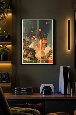 Soyut Turuncu Şehir Desenli Dekoratif MDF Tablo, Çerçeve Görünümlü Ahşap Poster