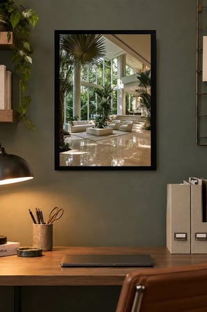 Camlı Bitki Salonu Desenli Dekoratif MDF Tablo, Çerçeve Görünümlü Ahşap Poster