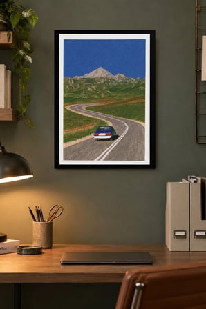 Dağlı Kıvrımlı Yol Desenli Dekoratif MDF Tablo, Çerçeve Görünümlü Ahşap Poster