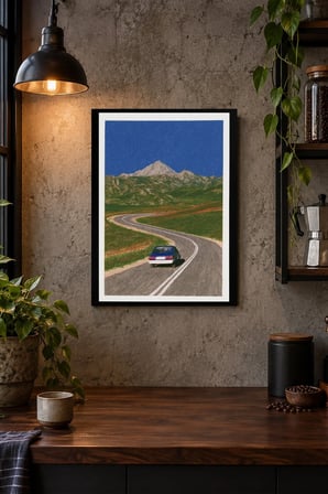 Dağlı Kıvrımlı Yol Desenli Dekoratif MDF Tablo, Çerçeve Görünümlü Ahşap Poster