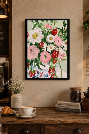 Pembe Çiçek Buketi Desenli Dekoratif MDF Tablo, Çerçeve Görünümlü Ahşap Poster