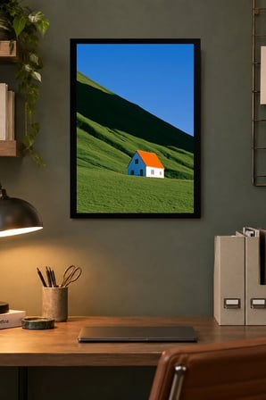 Yeşil Tepede Ev Desenli Dekoratif MDF Tablo, Çerçeve Görünümlü Ahşap Poster