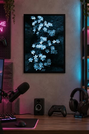 Koyu Zeminde Mavi Çiçekler Desenli Dekoratif MDF Tablo, Çerçeve Görünümlü Ahşap Poster