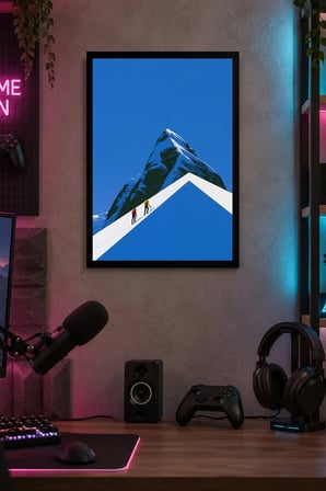 Geometrik Karlı Dağ Desenli Dekoratif MDF Tablo, Çerçeve Görünümlü Ahşap Poster