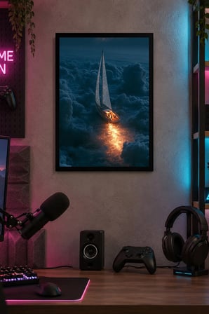 Gece Denizi ve Yelkenli Desenli Dekoratif MDF Tablo, Çerçeve Görünümlü Ahşap Poster