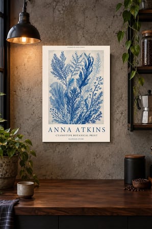 Mavi Botanik Baskı Desenli Dekoratif MDF Tablo, Çerçeve Görünümlü Ahşap Poster