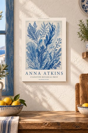 Mavi Botanik Baskı Desenli Dekoratif MDF Tablo, Çerçeve Görünümlü Ahşap Poster