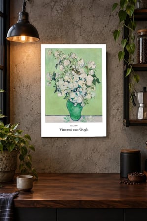 Yeşil Vazoda Beyaz Çiçekler Desenli Dekoratif MDF Tablo, Çerçeve Görünümlü Ahşap Poster