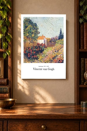 Çiçekli Kır Evi Manzarası Desenli Dekoratif MDF Tablo, Çerçeve Görünümlü Ahşap Poster