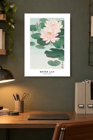 Nilüferli Yeşil Kompozisyon Desenli Dekoratif MDF Tablo, Çerçeve Görünümlü Ahşap Poster