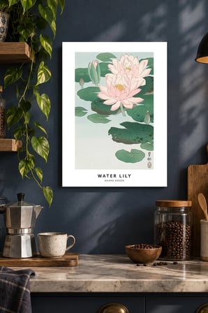 Nilüferli Yeşil Kompozisyon Desenli Dekoratif MDF Tablo, Çerçeve Görünümlü Ahşap Poster