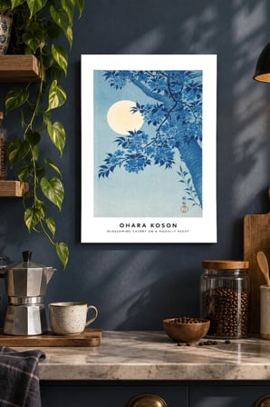 Mavi Ay ve Çiçekli Dal Desenli Dekoratif MDF Tablo, Çerçeve Görünümlü Ahşap Poster