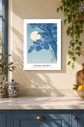 Mavi Ay ve Çiçekli Dal Desenli Dekoratif MDF Tablo, Çerçeve Görünümlü Ahşap Poster