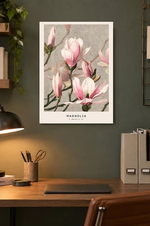 Pembe Manolya Çiçekleri Desenli Dekoratif MDF Tablo, Çerçeve Görünümlü Ahşap Poster