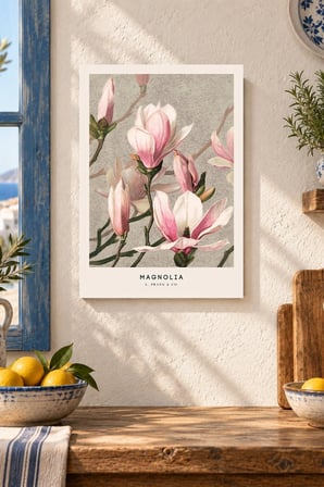 Pembe Manolya Çiçekleri Desenli Dekoratif MDF Tablo, Çerçeve Görünümlü Ahşap Poster
