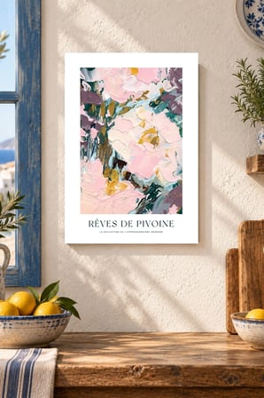 Pembe Krem Soyut Çiçekler Desenli Dekoratif MDF Tablo, Çerçeve Görünümlü Ahşap Poster