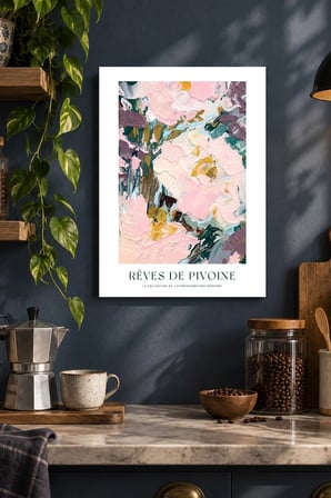 Pembe Krem Soyut Çiçekler Desenli Dekoratif MDF Tablo, Çerçeve Görünümlü Ahşap Poster
