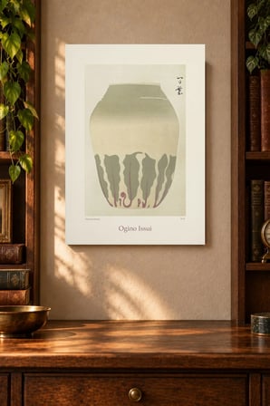 Sade Seramik Vazo ve Yapraklar Desenli Dekoratif MDF Tablo, Çerçeve Görünümlü Ahşap Poster