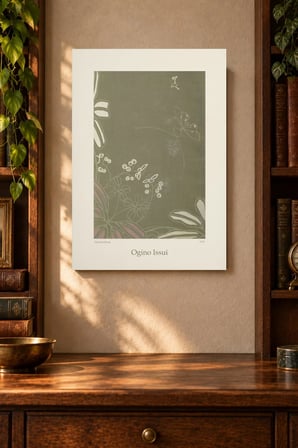 Gri Yeşil Botanik Çizim Desenli Dekoratif MDF Tablo, Çerçeve Görünümlü Ahşap Poster