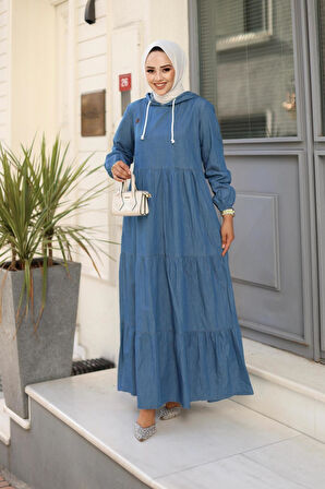 Kadın Kapüşon Detaylı Kot Elbise