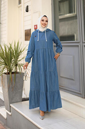 Kadın Kapüşon Detaylı Kot Elbise