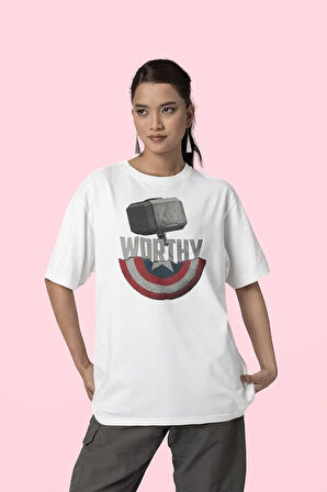 Worthy Kaptan Amerika Kalkan Baskılı Unisex Tişört, Oversize Thor Çekiç Baskılı Tişört