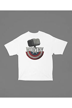 Worthy Kaptan Amerika Kalkan Baskılı Unisex Tişört, Oversize Thor Çekiç Baskılı Tişört