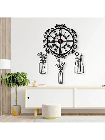Çiçek desenli dekoratif dekor saat+3lu Vazo Çiçek