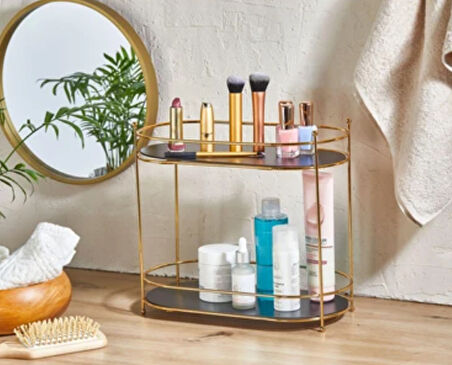 ÇARŞI HANEM Oval Banyo Düzenleyici Çok Amaçlı Makyaj Takı Organizeri Gold Servis Sunum Standı