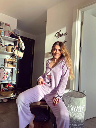 Organik Pamuklu Penye Düğmeli Pijama Takımı Lila