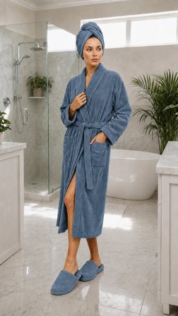 İpekçe Home Unisex Örgü Yakalı %100 Pamuk Bornoz Takımı Mavi 3 Parça Set