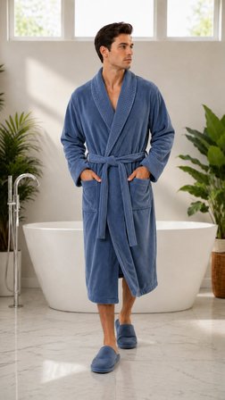 İpekçe Home Unisex Örgü Yakalı %100 Pamuk Bornoz Takımı Mavi 3 Parça Set