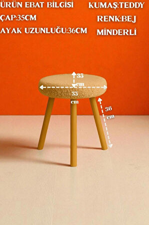 ORINA Yuvarlak Peluş Modern Teddy Puf Bench – Retro Ahşap Ayaklı Tabure