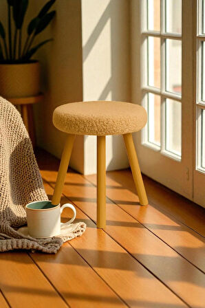 ORINA Yuvarlak Peluş Modern Teddy Puf Bench – Retro Ahşap Ayaklı Tabure