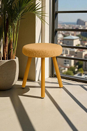 ORINA Yuvarlak Peluş Modern Teddy Puf Bench – Retro Ahşap Ayaklı Tabure