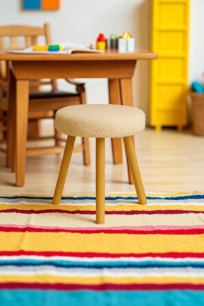 ORINA Yuvarlak Peluş Modern Teddy Puf Bench – Retro Ahşap Ayaklı Tabure