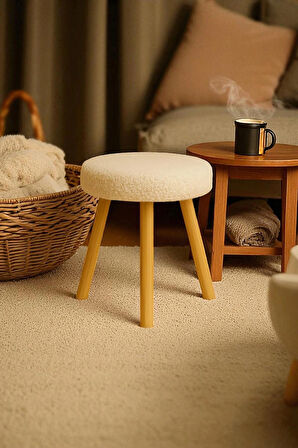 ORINA Yuvarlak Peluş Modern Teddy Puf Bench – Retro Ahşap Ayaklı Tabure