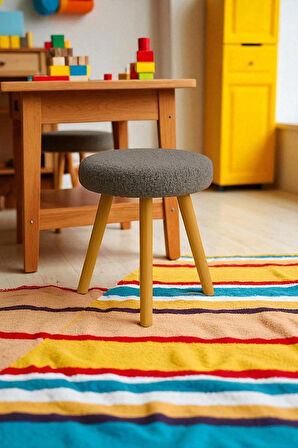 ORINA Yuvarlak Peluş Modern Teddy Puf Bench – Retro Ahşap Ayaklı Tabure